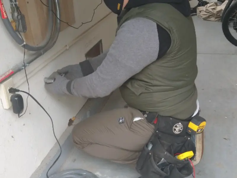 Electrician performing outlet wiring in a Culver City garage